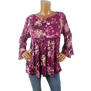 Dressbarn Top XL Floral Blouse Burgundy Embroidery Long Flared Chiffon Sleeves